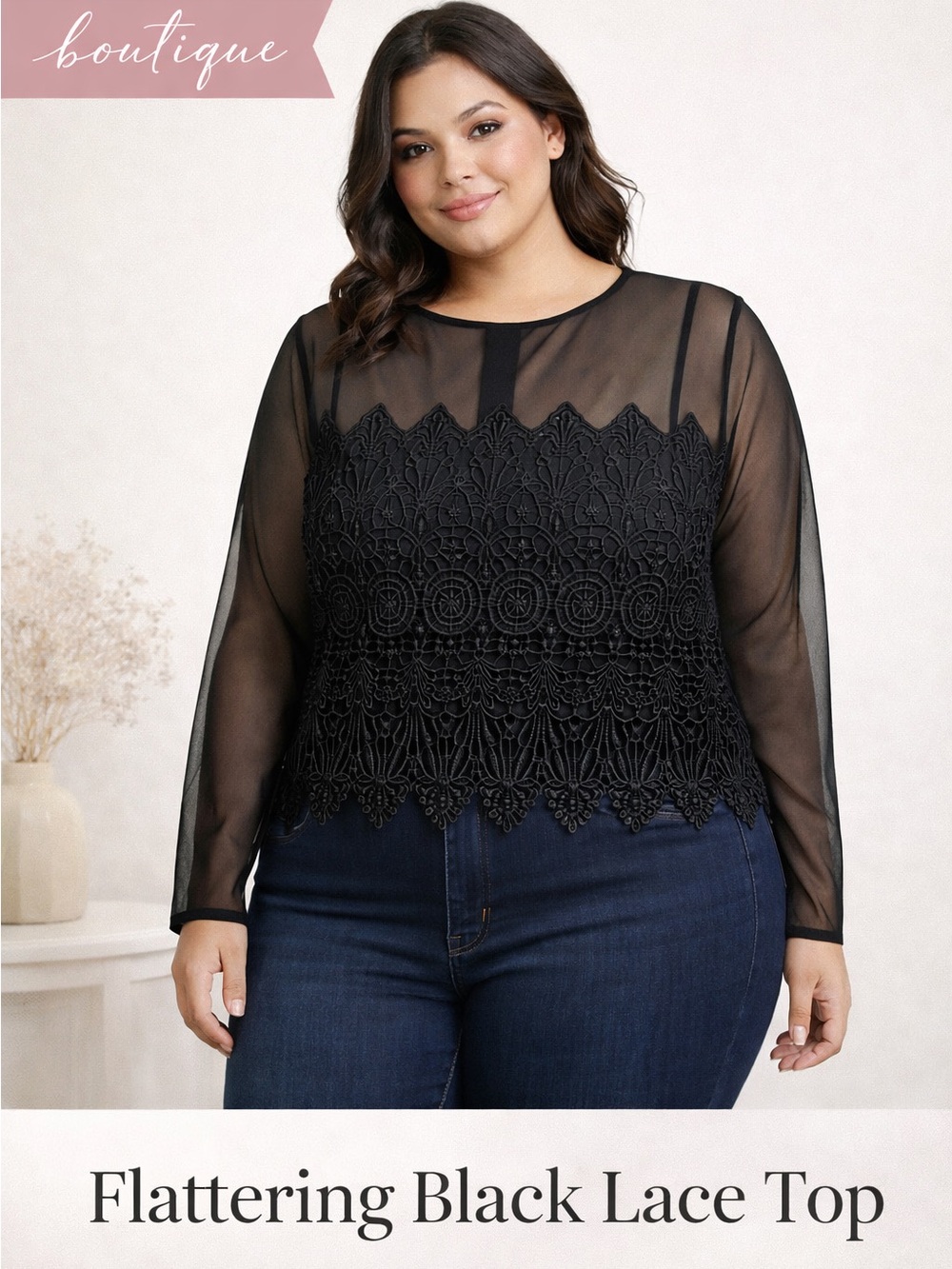 Dressbarn Collection Black Lace Mesh Sheer Sleeve Top XL Floral Blouse